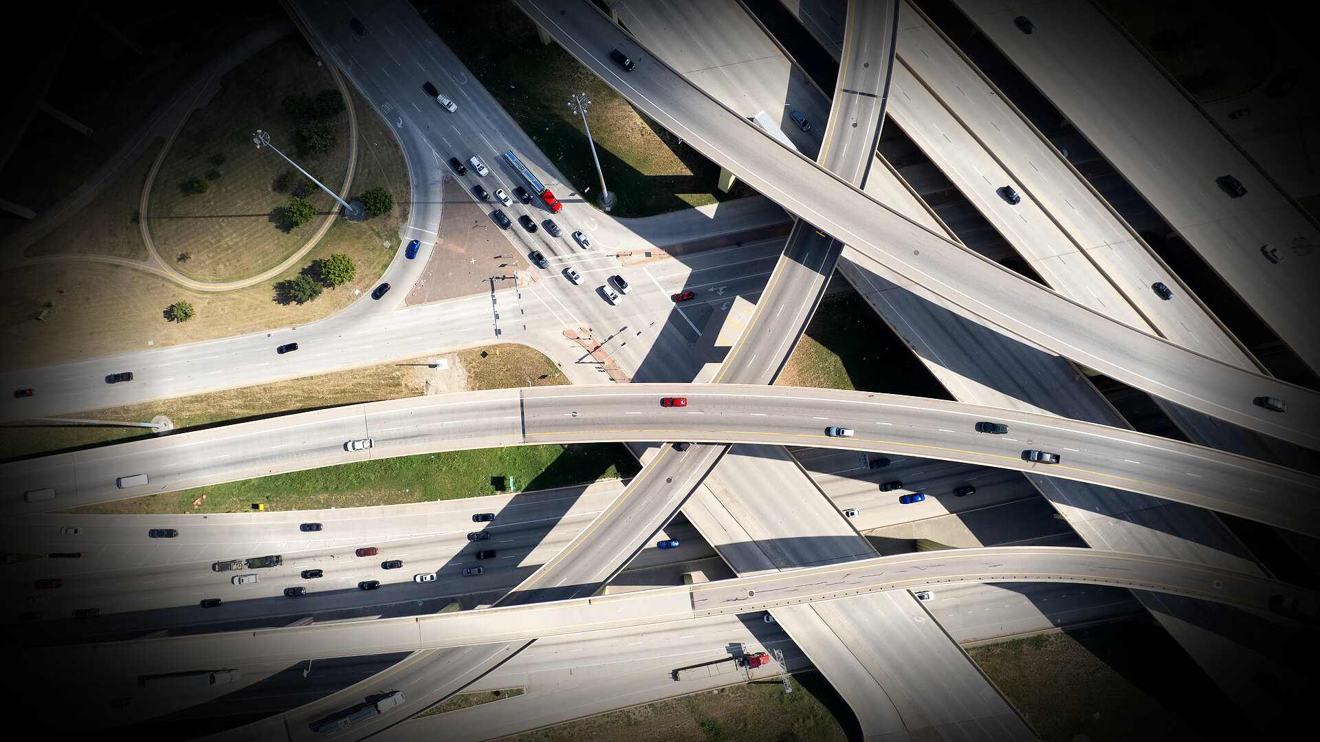 Aerial top-down view of Dallas highway interchange