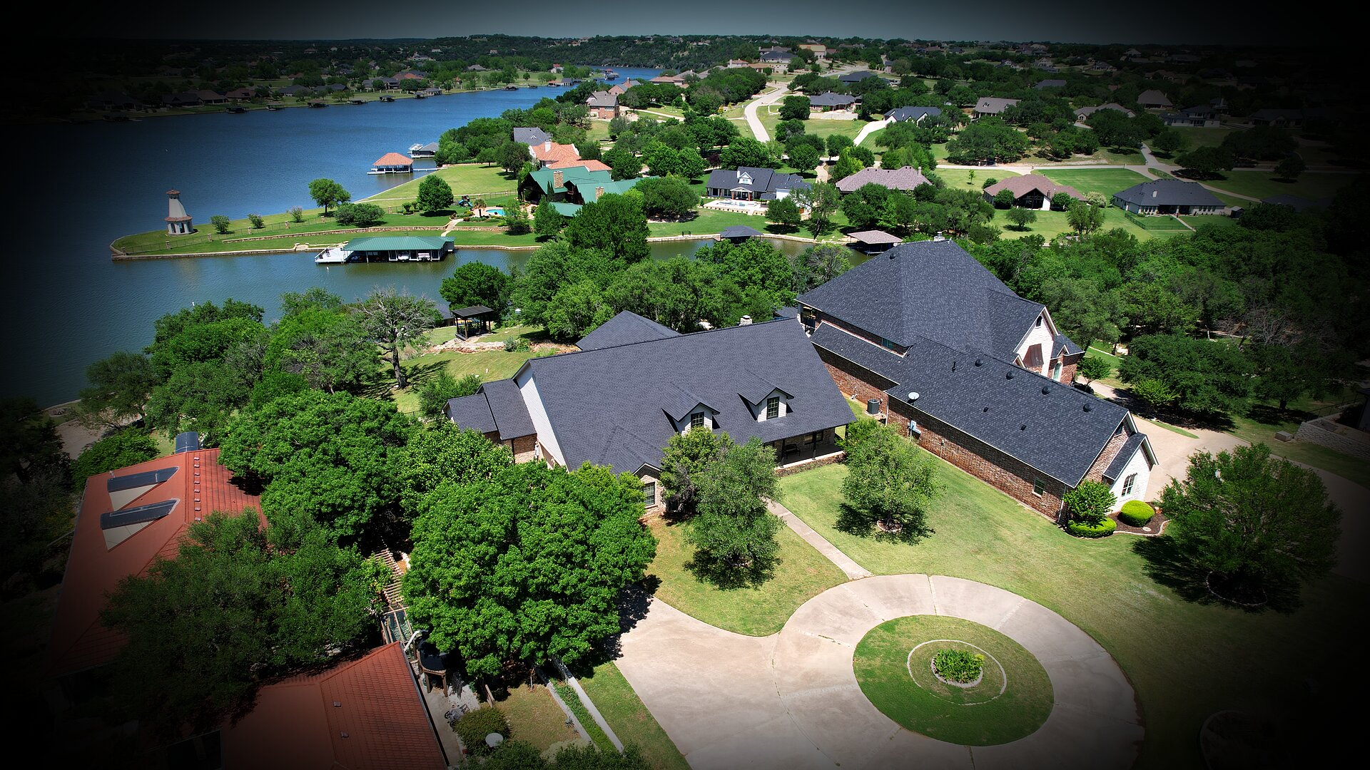 Aerial view of lakefront luxury homes