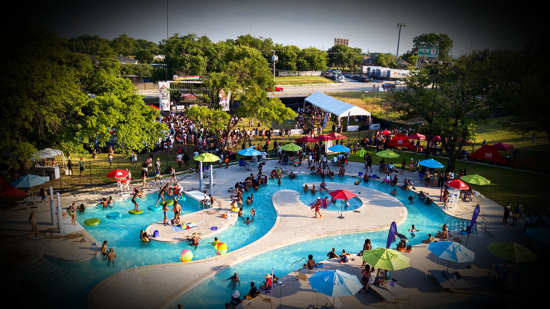 Aerial view of outdoor pool party event